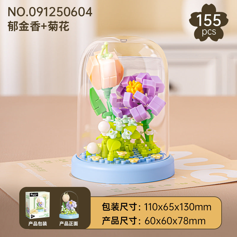 Cross-Border Building Blocks Eternal Flower Transparent Building Blocks Display Cover Home Decoration Desktop Trendy Assembly Toys Gift Wholesale