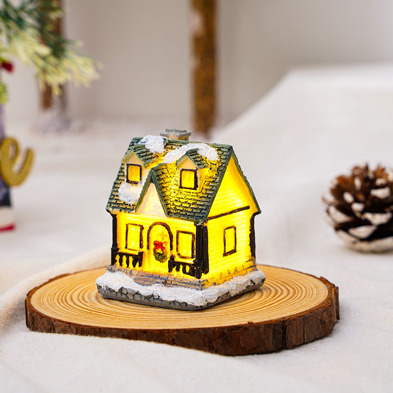 Cross-Border New Christmas Decorations Resin Christmas Small House Micro Landscape Luminous Snow House Ornaments Christmas Gifts