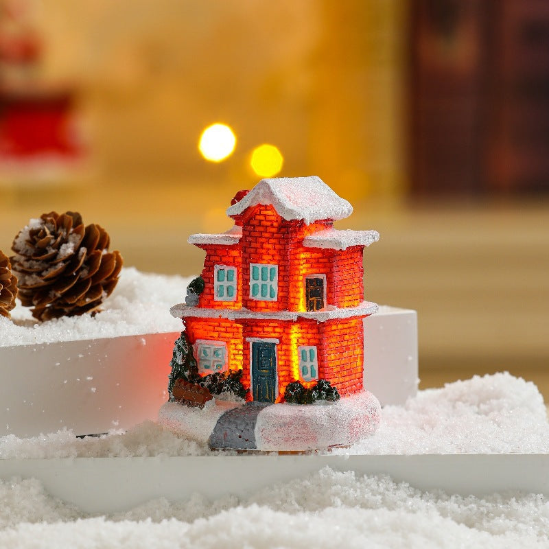 Cross-Border New Christmas Decorations Resin Christmas Small House Micro Landscape Luminous Snow House Ornaments Christmas Gifts