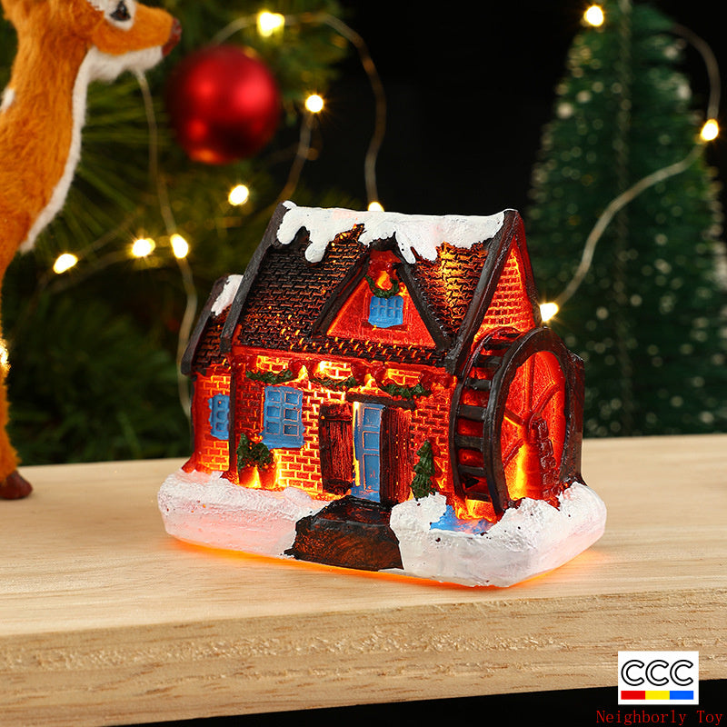 Cross-Border New Christmas Decorations Resin Christmas Small House Micro Landscape Luminous Snow House Ornaments Christmas Gifts