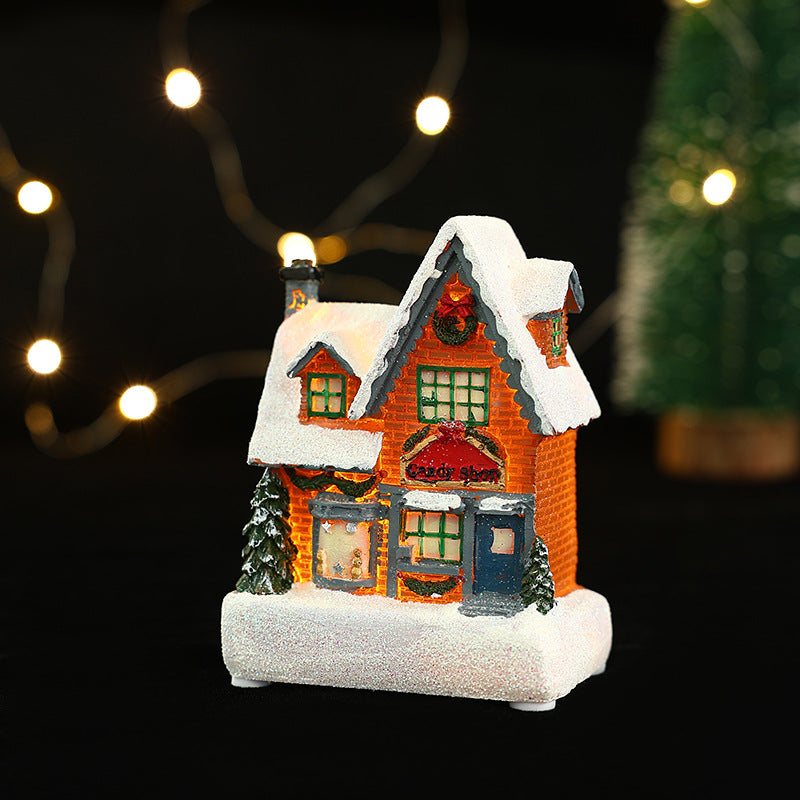 Cross-Border New Christmas Decorations Resin Christmas Small House Micro Landscape Luminous Snow House Ornaments Christmas Gifts