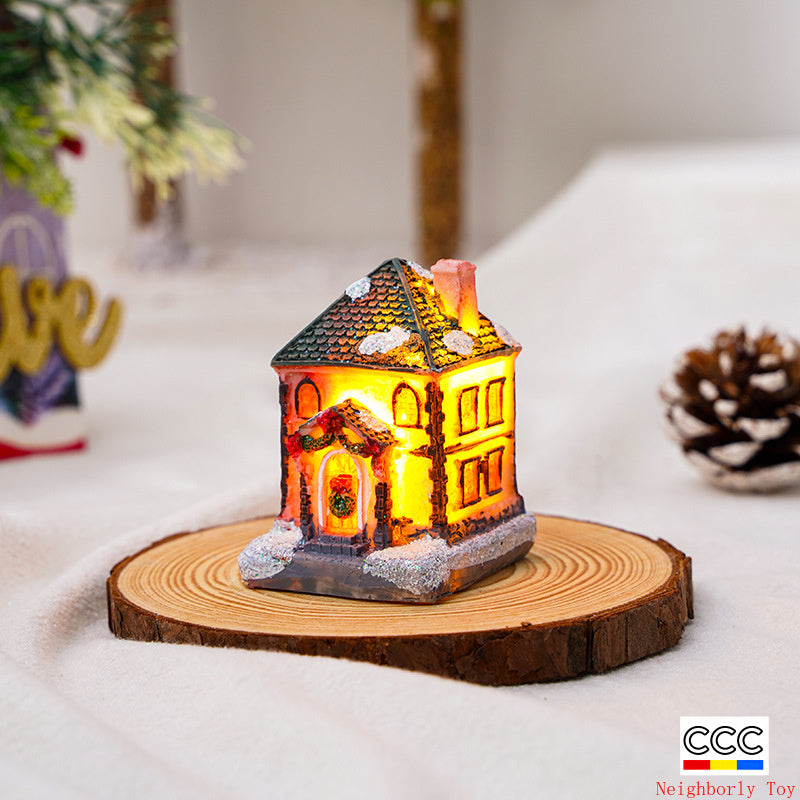 Cross-Border New Christmas Decorations Resin Christmas Small House Micro Landscape Luminous Snow House Ornaments Christmas Gifts