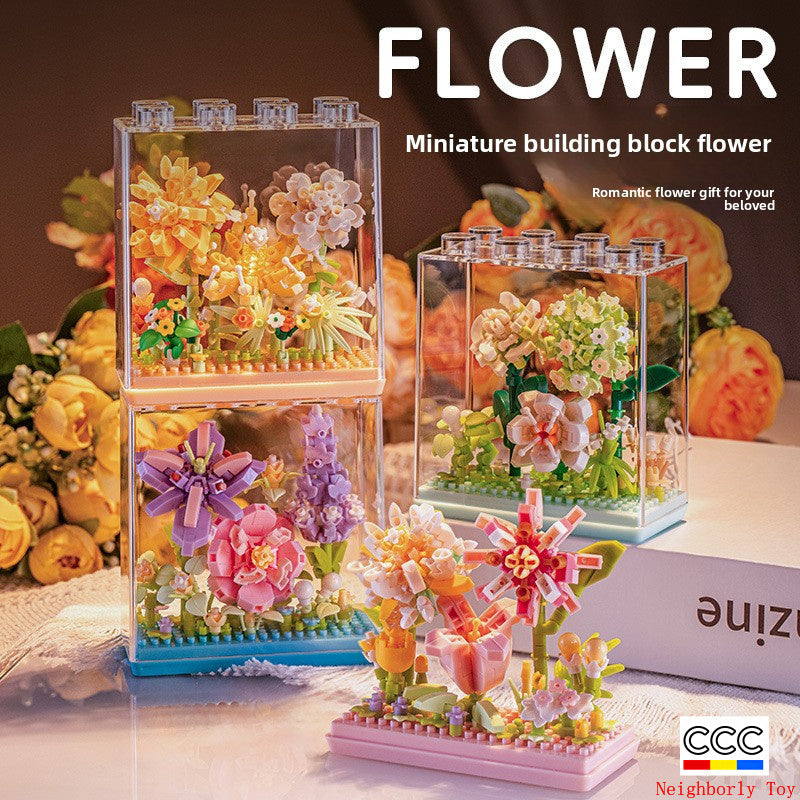 Cross-Border Building Blocks Eternal Flower Transparent Building Blocks Display Cover Home Decoration Desktop Trendy Assembly Toys Gift Wholesale