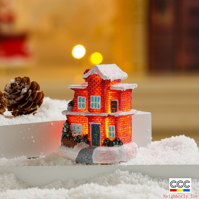 Cross-Border New Christmas Decorations Resin Christmas Small House Micro Landscape Luminous Snow House Ornaments Christmas Gifts