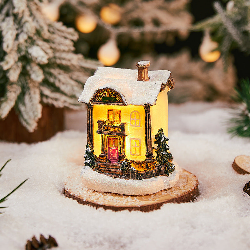 Cross-Border New Christmas Decorations Resin Christmas Small House Micro Landscape Luminous Snow House Ornaments Christmas Gifts