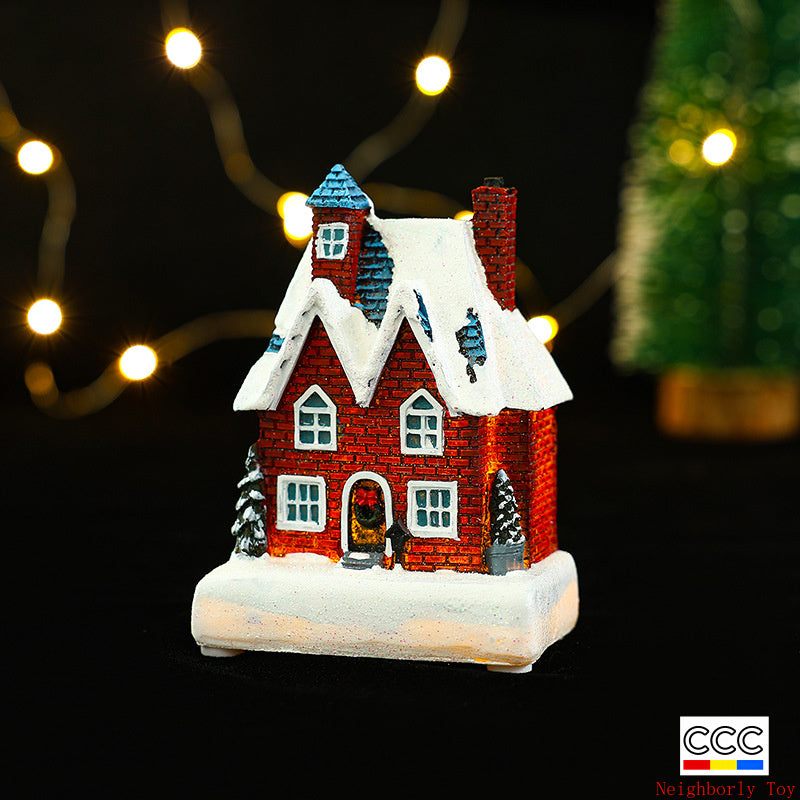 Cross-Border New Christmas Decorations Resin Christmas Small House Micro Landscape Luminous Snow House Ornaments Christmas Gifts