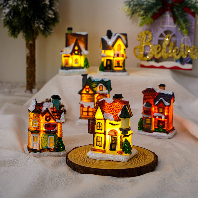 Cross-Border New Christmas Decorations Resin Christmas Small House Micro Landscape Luminous Snow House Ornaments Christmas Gifts